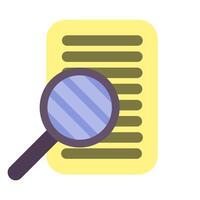 Magnifying glass, piece of paper, will, text, print, flat design, simple image, cartoon style. Concept of investigation, study. line icon for business and advertising vector