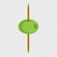 Green olive on a skewer, toothpick, food, drinks, vegetarianism, diet, flat design, simple image, cartoon style. Restaurant snack concept. line icon for business and advertising vector
