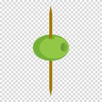 Green olive on a skewer, toothpick, food, drinks, vegetarianism, diet, flat design, simple image, cartoon style. Restaurant snack concept. line icon for business and advertising vector