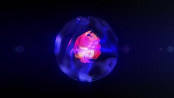 Looped identical, Similar. Abstract liquid glass sphere of blue color with a red hot core. A digital ball of wavy soft gradient lines in neon blue and fluorescent purple shades, centered in pink video