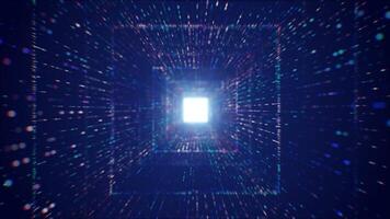 looping blå Plats tunnel. teknologisk vetenskaplig digital skärm. ljus på de slutet av de fyrkant elektrisk tunnel. neon partiklar flyga framåt- mot de ljus. video
