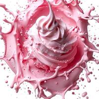 Strawberry ice cream explosion on white background. Pink cream splash. Ice cream cone photo