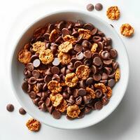 Bowl of chocolate cereal flakes with milk in a bowl isolated on white background with shadow. Chocolate cereal in bowl photo