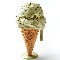 Pistachio ice cream cone isolated on white background with shadow. Green pistachio ice cream top view flat lay photo