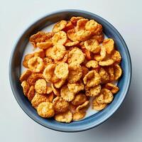 Bowl of cereal flakes with milk in a bowl isolated on white background with shadow. Cereal in bowl photo