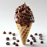 Chocolate ice cream cone with chocolate pieces and sprinkles isolated on white background. Chocolate ice cream dripping photo