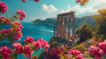 Ruins of an Ancient Greek temple. Ancient Roman forum ruins on the Mediterranean Sea. Temple to god Apollo. Old architecture on the sea with blue sky and crystal clear ocean photo