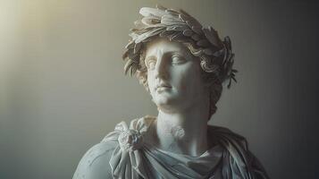 antiguo griego estatua de un antiguo romano senador en mármol. antiguo romano emperador estatua en Roca aislado en sencillo antecedentes. antiguo griego arquitectura foto