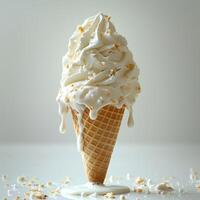 Vanilla ice cream cone with dripping. Vanilla ice cream melting photo