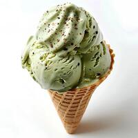 pistacho hielo crema cono aislado en blanco antecedentes con sombra. verde pistacho hielo crema parte superior ver plano laico foto