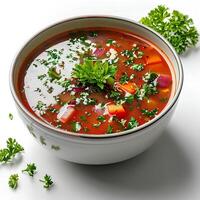 tomato soup with basil in bowl isolated on white background with shadow. Red tomato vegetable soup in bowl photo