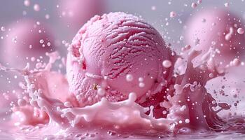 Strawberry ice cream explosion on white background. Pink cream splash. Ice cream cone photo