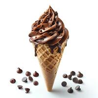 Chocolate ice cream cone with chocolate pieces and sprinkles isolated on white background. Chocolate ice cream dripping photo