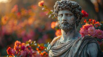 Ancient Greek statue of a man. Roman statue of a nobleman or an Ancient Greek philosopher looking into the distance. Ancient statue photo