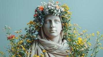 antiguo griego busto de un mujer envuelto en flores antiguo griego estatua de un mujer aislado en azul antecedentes. antiguo romano arquitectura foto