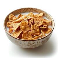 Bowl of cereal flakes with milk in a bowl isolated on white background with shadow. Cereal in bowl photo