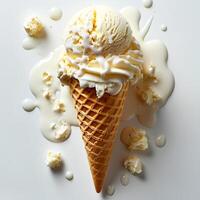 Vanilla ice cream cone with dripping. Vanilla ice cream melting photo