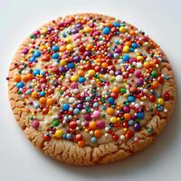 anilla sprinkle cookie isolated on white background with shadow. Cookie with colorful sprinkles on top flat lay. Biscuit with sprinkles top view photo