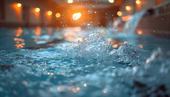 Water splash in the pool. Closeup of water explosion in a pool full of water. Water drip photo