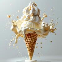 Vanilla ice cream cone with dripping. Vanilla ice cream melting photo