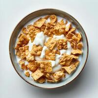 Bowl of cereal flakes with milk in a bowl isolated on white background with shadow. Cereal in bowl photo