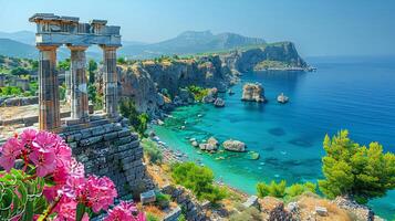 Ruins of an Ancient Greek temple. Ancient Roman forum ruins on the Mediterranean Sea. Temple to god Apollo. Old architecture on the sea with blue sky and crystal clear ocean photo