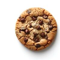 Chocolate chip cookie isolated on white background with shadow. Chocolate chip cookie top view. Cookie and dough with chocolate pieces flat lay photo