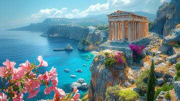 Ruins of an Ancient Greek temple. Ancient Roman forum ruins on the Mediterranean Sea. Temple to god Apollo. Old architecture on the sea with blue sky and crystal clear ocean photo