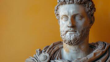 Ancient Greek statue of an ancient Roman senator in marble. Ancient roman Emperor statue in stone isolated on simple background. Ancient Greek architecture photo