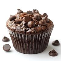 Chocolate muffin isolated on white background with shadow. Chocolate cupcake with chocolate sprinkles and pieces on top. Tasty and delicious chocolate dessert photo