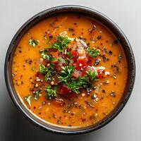 tomato soup with basil in bowl isolated on white background with shadow. Red tomato vegetable soup in bowl photo