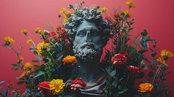 Ancient Greek bust of a man wrapped in flowers. Ancient Greek statue of a bearded emperor isolated on red background. Ancient Roman architecture photo