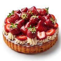 Strawberry cake isolated on white background with shadow. Strawberry cream cake isolated. Fruit cake with fresh strawberries. Strawberry fruit dessert photo