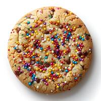 anilla sprinkle cookie isolated on white background with shadow. Cookie with colorful sprinkles on top flat lay. Biscuit with sprinkles top view photo