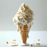 Vanilla ice cream cone with dripping. Vanilla ice cream melting photo