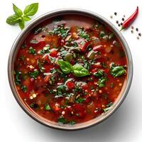 tomato soup with basil in bowl isolated on white background with shadow. Red tomato vegetable soup in bowl photo