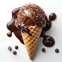 chocolate hielo crema cono con chocolate piezas y asperja aislado en blanco antecedentes. chocolate hielo crema goteo foto