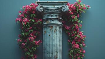 Ancient Greek pillar isolated on blue background with flowers. Doric pillar isolated. Ionic pillar. Corinthian pillar. Ancient Greek and roman architecture photo