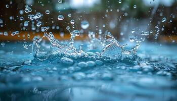 Water splash in the pool. Closeup of water explosion in a pool full of water. Water drip photo