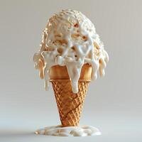 Vanilla ice cream cone with dripping. Vanilla ice cream melting photo