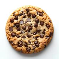 Chocolate chip cookie isolated on white background with shadow. Chocolate chip cookie top view. Cookie and dough with chocolate pieces flat lay photo