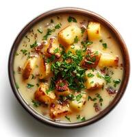 vegetable soup with basil and potato in bowl isolated on white background with shadow photo