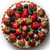 Strawberry cake isolated on white background with shadow. Strawberry cream cake isolated. Fruit cake with fresh strawberries. Strawberry fruit dessert photo