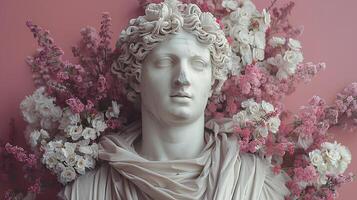 Ancient Greek bust of a man wrapped in flowers. Ancient Greek statue of an emperor isolated on pink background. Ancient Roman architecture photo