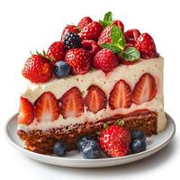 Strawberry cake isolated on white background with shadow. Strawberry cream cake isolated. Fruit cake with fresh strawberries. Strawberry fruit dessert photo