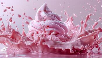 Strawberry ice cream explosion on white background. Pink cream splash. Ice cream cone photo