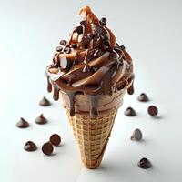 Chocolate ice cream cone with chocolate pieces and sprinkles isolated on white background. Chocolate ice cream dripping photo