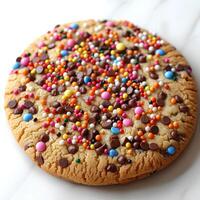 anilla sprinkle cookie isolated on white background with shadow. Cookie with colorful sprinkles on top flat lay. Biscuit with sprinkles top view photo