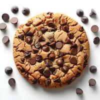 Chocolate chip cookie isolated on white background with shadow. Chocolate chip cookie top view. Cookie and dough with chocolate pieces flat lay photo