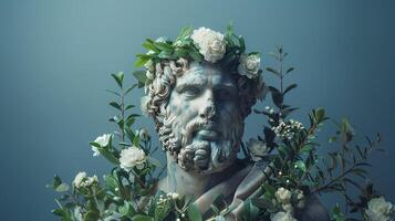 Ancient Greek bust of a man wrapped in flowers. Ancient Greek statue of a bearded emperor isolated on blue background. Ancient Roman architecture photo